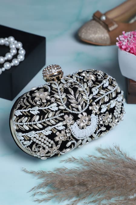 Nazaakat By Samara Singh Black Beads, Pearls, Rhinestones, Embroidery And Clutch Bag 