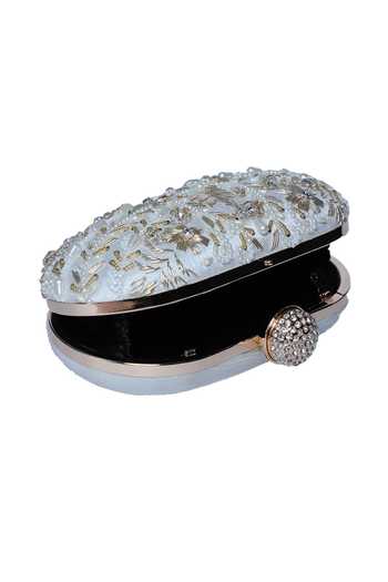 Nazaakat By Samara Singh White Beads, Pearls, Rhinestones, Sequins Floral And Leaf Embellished Clutch Online at Aza Fashions Nazaakat By Samara Singh_White Beads, Pearls, Rhinestones, Sequins Floral And Leaf Embellished Clutch _Online_at_Aza_Fashions