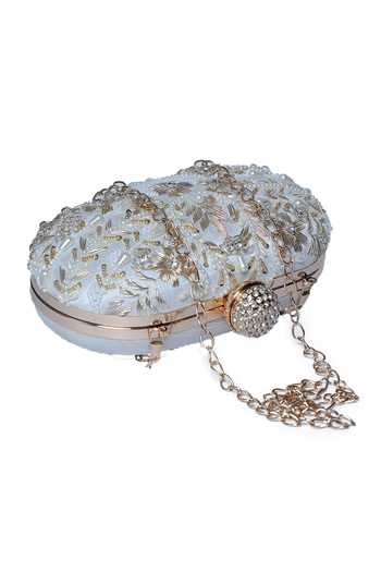 Buy Nazaakat By Samara Singh White Beads, Pearls, Rhinestones, Sequins Floral And Leaf Embellished Clutch Online at Aza Fashions Buy_Nazaakat By Samara Singh_White Beads, Pearls, Rhinestones, Sequins Floral And Leaf Embellished Clutch _Online_at_Aza_Fashions