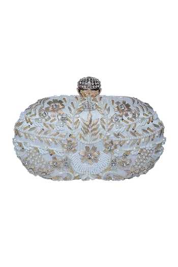 Shop Nazaakat By Samara Singh White Beads, Pearls, Rhinestones, Sequins Floral And Leaf Embellished Clutch Online at Aza Fashions Shop_Nazaakat By Samara Singh_White Beads, Pearls, Rhinestones, Sequins Floral And Leaf Embellished Clutch _Online_at_Aza_Fashions