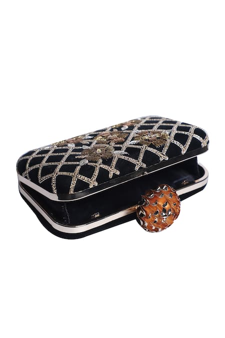Nazaakat By Samara Singh_Black Beads, Sequins, Embroidery Floral And Grid Pattern Clutch _Online_at_Aza_Fashions
