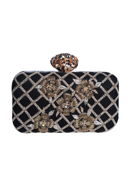 Shop_Nazaakat By Samara Singh_Black Beads, Sequins, Embroidery Floral And Grid Pattern Clutch _Online_at_Aza_Fashions