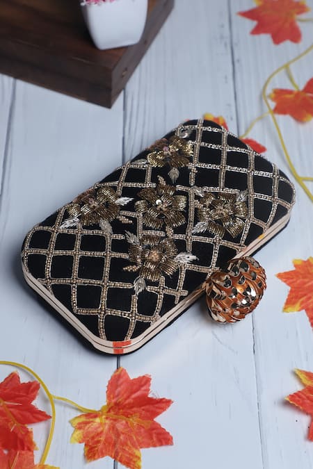 Nazaakat By Samara Singh Black Beads, Sequins, Embroidery Floral And Grid Pattern Clutch 