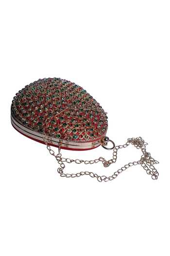 Nazaakat By Samara Singh Multicolor Rhinestones, Stones Embellished Oval Clutch With Detachable Sling Online at Aza Fashions Nazaakat By Samara Singh_Multicolor Rhinestones, Stones Embellished Oval Clutch With Detachable Sling _Online_at_Aza_Fashions