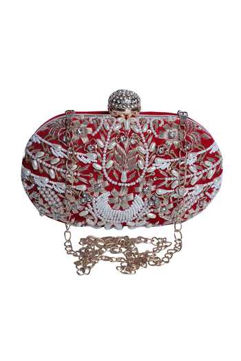 Shop_Nazaakat By Samara Singh_Red Beads, Pearls, Crystals, Embroidery And Clutch _Online_at_Aza_Fashions
