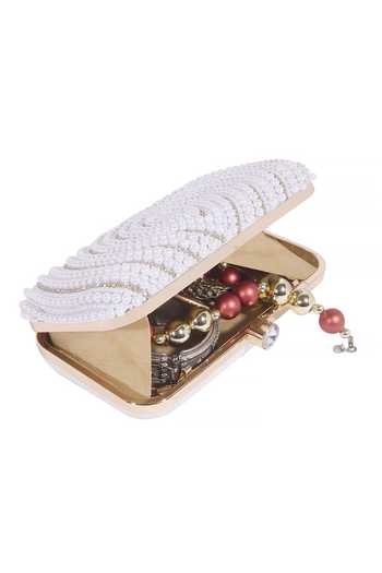 Nazaakat By Samara Singh White Pearls, Beads And Gold Clutch With Detachable Sling at Aza Fashions Nazaakat By Samara Singh_White Pearls, Beads And Gold Clutch With Detachable Sling _at_Aza_Fashions
