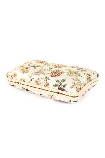 Nazaakat By Samara Singh_White Beads, Rhinestones, Embroidery Floral Clutch With Detachable Sling _Online_at_Aza_Fashions