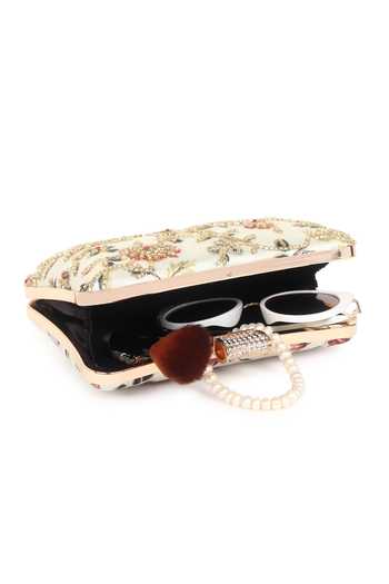 Shop_Nazaakat By Samara Singh_White Beads, Rhinestones, Embroidery Floral Clutch With Detachable Sling _Online_at_Aza_Fashions