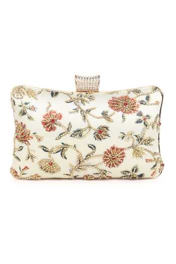 Nazaakat By Samara Singh_White Beads, Rhinestones, Embroidery Floral Clutch With Detachable Sling _at_Aza_Fashions