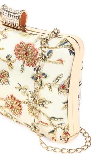 Buy_Nazaakat By Samara Singh_White Beads, Rhinestones, Embroidery Floral Clutch With Detachable Sling 