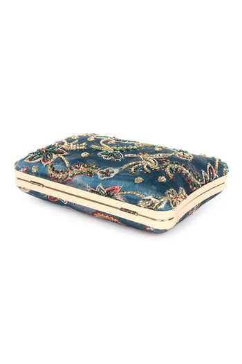 Nazaakat By Samara Singh_Blue Beads, Rhinestones, Embroidery Floral Clutch With Detachable Sling _Online_at_Aza_Fashions