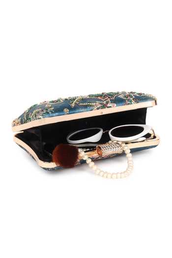 Buy_Nazaakat By Samara Singh_Blue Beads, Rhinestones, Embroidery Floral Clutch With Detachable Sling _Online_at_Aza_Fashions