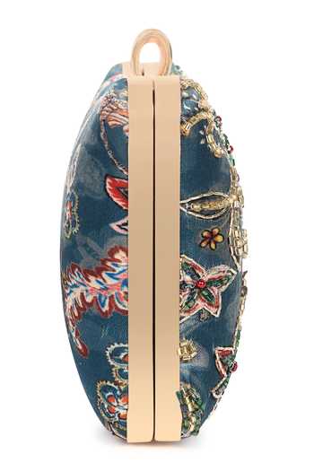 Shop_Nazaakat By Samara Singh_Blue Beads, Rhinestones, Embroidery Floral Clutch With Detachable Sling _Online_at_Aza_Fashions