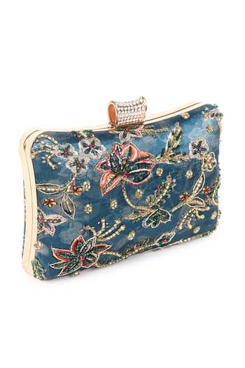 Nazaakat By Samara Singh_Blue Beads, Rhinestones, Embroidery Floral Clutch With Detachable Sling _at_Aza_Fashions