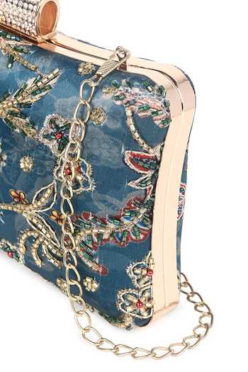 Buy_Nazaakat By Samara Singh_Blue Beads, Rhinestones, Embroidery Floral Clutch With Detachable Sling 