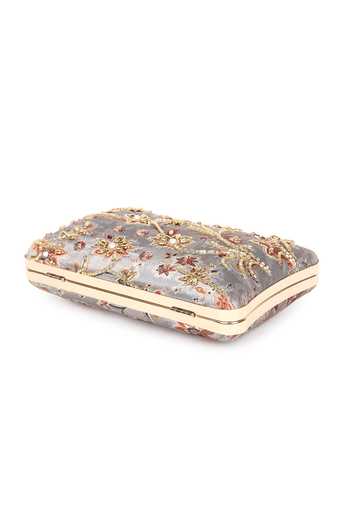 Nazaakat By Samara Singh_Gray Beads, Rhinestones, Sequins, Embroidery Floral Clutch With Sling _Online_at_Aza_Fashions