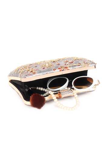 Buy_Nazaakat By Samara Singh_Gray Beads, Rhinestones, Sequins, Embroidery Floral Clutch With Sling _Online_at_Aza_Fashions