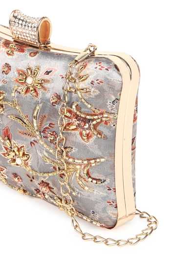 Shop_Nazaakat By Samara Singh_Gray Beads, Rhinestones, Sequins, Embroidery Floral Clutch With Sling _Online_at_Aza_Fashions