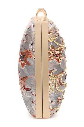 Nazaakat By Samara Singh_Gray Beads, Rhinestones, Sequins, Embroidery Floral Clutch With Sling _at_Aza_Fashions