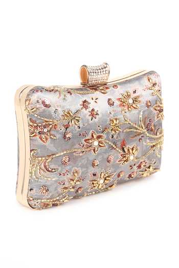 Buy_Nazaakat By Samara Singh_Gray Beads, Rhinestones, Sequins, Embroidery Floral Clutch With Sling 