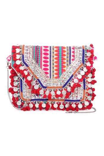 Nazaakat By Samara Singh Banjara Boho Coin & Pom-Pom Embellished Clutch 