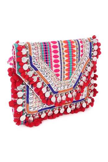 Nazaakat By Samara Singh_Multi Color Embroidery, Sequins, Banjara Boho Coin And Pom-pom Embellished Clutch _at_Aza_Fashions