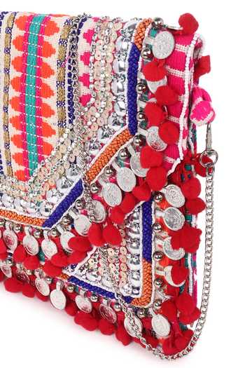 Buy_Nazaakat By Samara Singh_Multi Color Embroidery, Sequins, Banjara Boho Coin And Pom-pom Embellished Clutch 