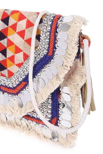Buy_Nazaakat By Samara Singh_White Beads, Sequins, Tassels Geometric Embroidered Fringe And Mirror Bag 