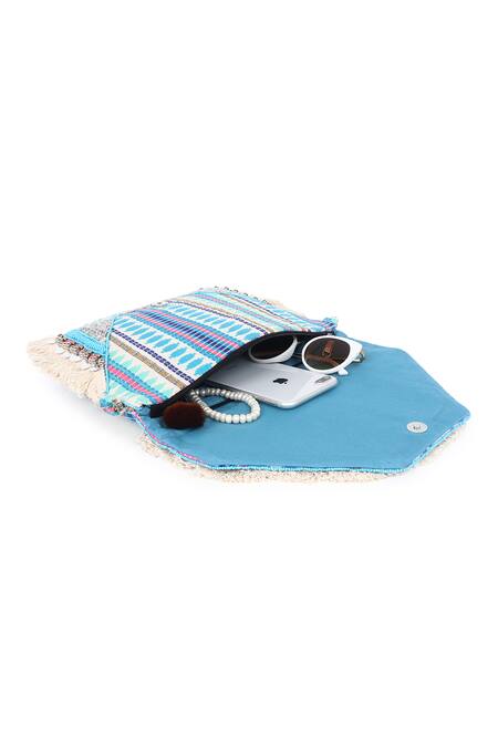 Nazaakat By Samara Singh_Blue Beads, Sequins, Tassels, Banjara Boho Beaded And Fringed Clutch Bag _Online_at_Aza_Fashions