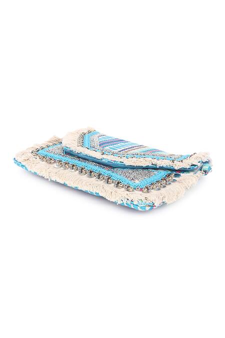 Shop_Nazaakat By Samara Singh_Blue Beads, Sequins, Tassels, Banjara Boho Beaded And Fringed Clutch Bag _Online_at_Aza_Fashions