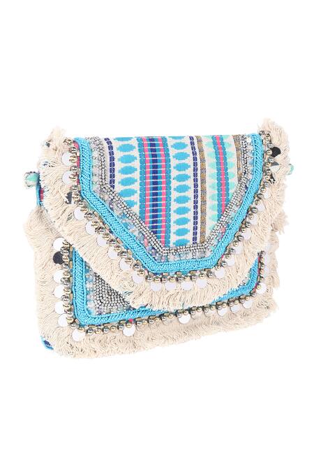 Nazaakat By Samara Singh_Blue Beads, Sequins, Tassels, Banjara Boho Beaded And Fringed Clutch Bag _at_Aza_Fashions