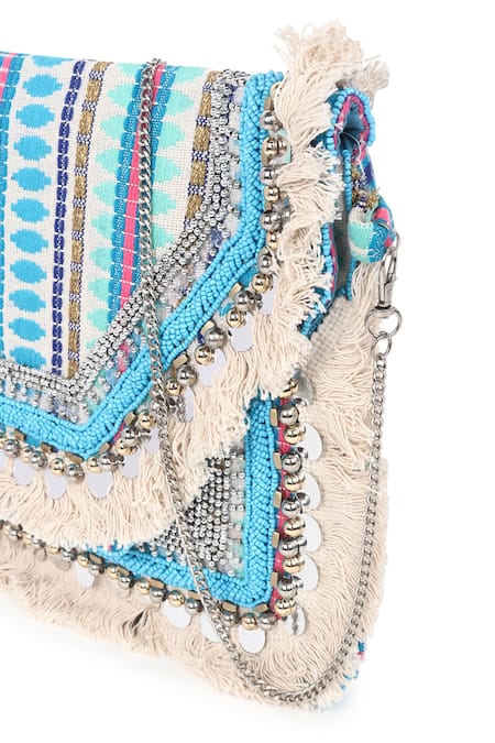 Buy_Nazaakat By Samara Singh_Blue Beads, Sequins, Tassels, Banjara Boho Beaded And Fringed Clutch Bag 