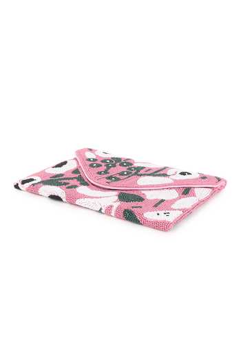 Buy_Nazaakat By Samara Singh_Pink Beads Floral Flap Bag With Detachable Sling _Online_at_Aza_Fashions