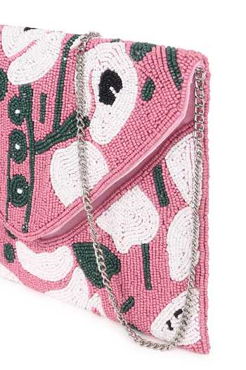 Nazaakat By Samara Singh_Pink Beads Floral Flap Bag With Detachable Sling _at_Aza_Fashions