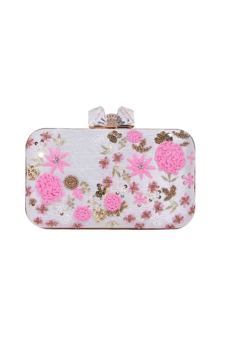 Shop_Nazaakat By Samara Singh_White Embroidery, Sequins, Beads, Crystals Floral Clutch With Detachable Sling _Online_at_Aza_Fashions