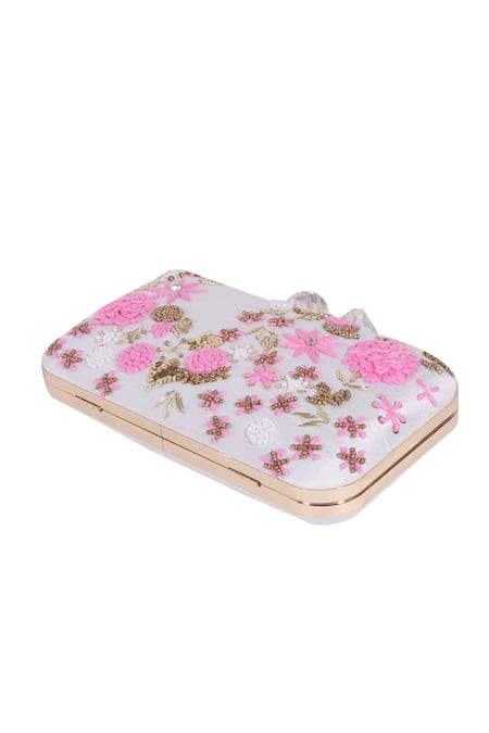 Nazaakat By Samara Singh_White Embroidery, Sequins, Beads, Crystals Floral Clutch With Detachable Sling _at_Aza_Fashions