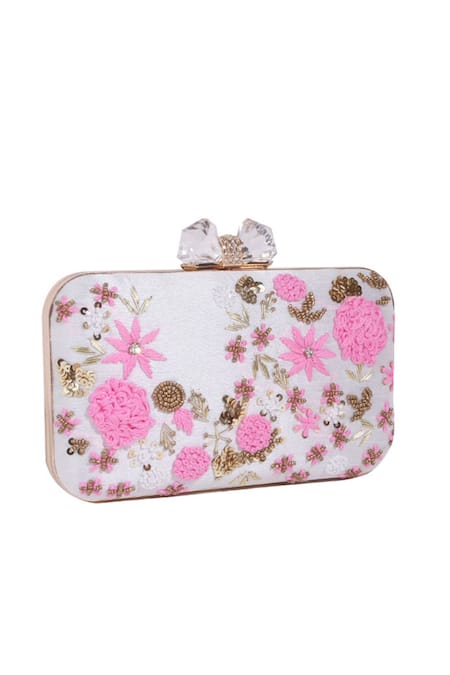 Buy_Nazaakat By Samara Singh_White Embroidery, Sequins, Beads, Crystals Floral Clutch With Detachable Sling 