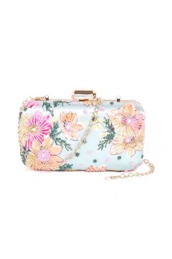 Shop Nazaakat By Samara Singh Blue Beads, Embroidery Floral And Sequin Clutch at Aza Fashions Shop_Nazaakat By Samara Singh_Blue Beads, Embroidery Floral And Sequin Clutch _at_Aza_Fashions