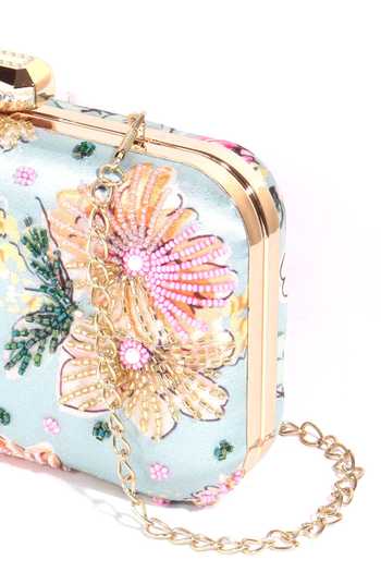 Shop Nazaakat By Samara Singh Blue Beads, Embroidery Floral And Sequin Clutch Shop_Nazaakat By Samara Singh_Blue Beads, Embroidery Floral And Sequin Clutch
