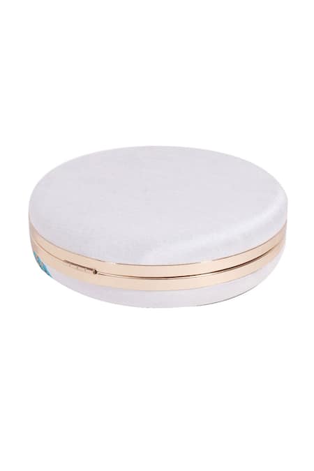 Nazaakat By Samara Singh_White Embroidery, Sequins, Beads Kathakali Face Round Clutch _Online_at_Aza_Fashions