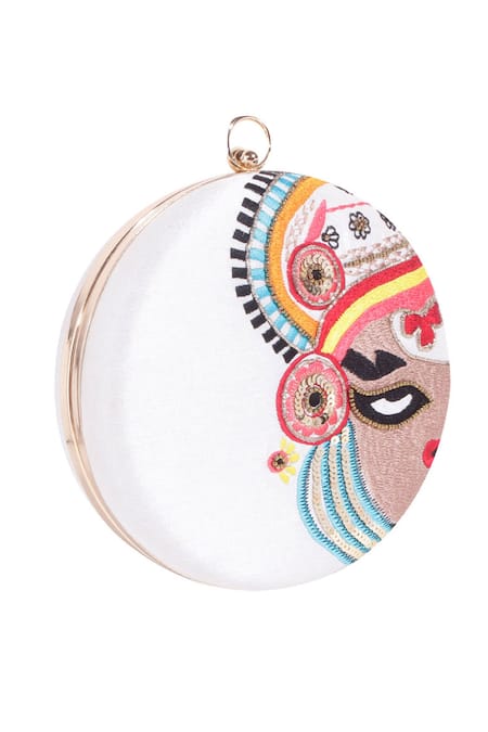 Nazaakat By Samara Singh_White Embroidery, Sequins, Beads Kathakali Face Round Clutch _at_Aza_Fashions