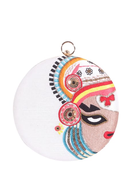 Buy_Nazaakat By Samara Singh_White Embroidery, Sequins, Beads Kathakali Face Round Clutch 