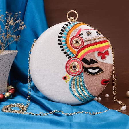 Shop_Nazaakat By Samara Singh_White Embroidery, Sequins, Beads Kathakali Face Round Clutch 