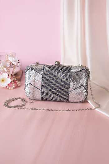 Shop Nazaakat By Samara Singh Silver Sequins, Beads And Embellished Clutch at Aza Fashions Shop_Nazaakat By Samara Singh_Silver Sequins, Beads And Embellished Clutch _at_Aza_Fashions