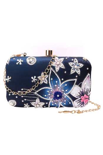 Shop_Nazaakat By Samara Singh_Navy Beads, Sequins, Embroidery, Pearls Floral And Embellished Clutch _Online_at_Aza_Fashions