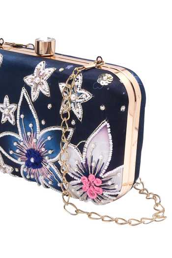 Buy_Nazaakat By Samara Singh_Navy Beads, Sequins, Embroidery, Pearls Floral And Embellished Clutch 