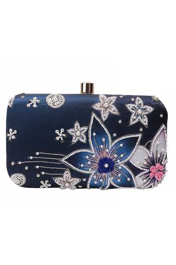 Shop_Nazaakat By Samara Singh_Navy Beads, Sequins, Embroidery, Pearls Floral And Embellished Clutch 