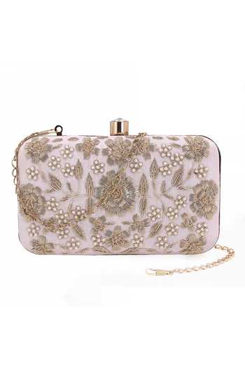 Shop Nazaakat By Samara Singh Pink Embroidery, Pearls, Crystals Floral And Clutch Bag at Aza Fashions Shop_Nazaakat By Samara Singh_Pink Embroidery, Pearls, Crystals Floral And Clutch Bag _at_Aza_Fashions