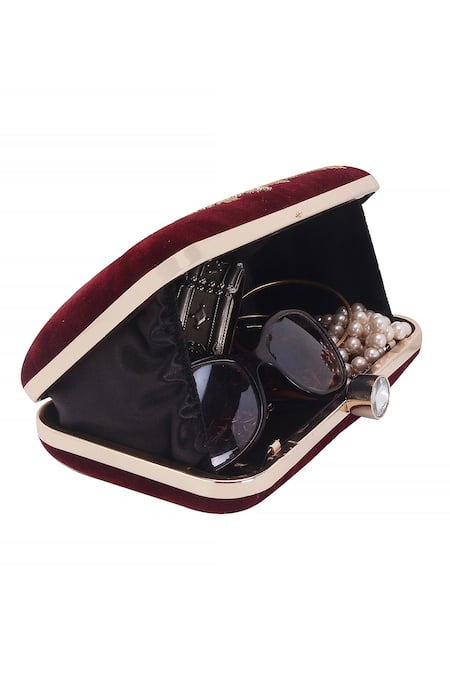 Buy_Nazaakat By Samara Singh_Maroon Embroidery, Pearls, Crystals Floral Velvet Clutch With Sling _Online_at_Aza_Fashions