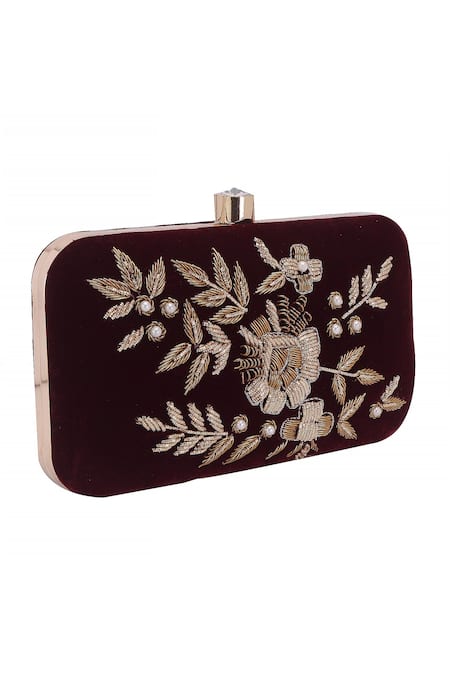 Nazaakat By Samara Singh_Maroon Embroidery, Pearls, Crystals Floral Velvet Clutch With Sling _at_Aza_Fashions
